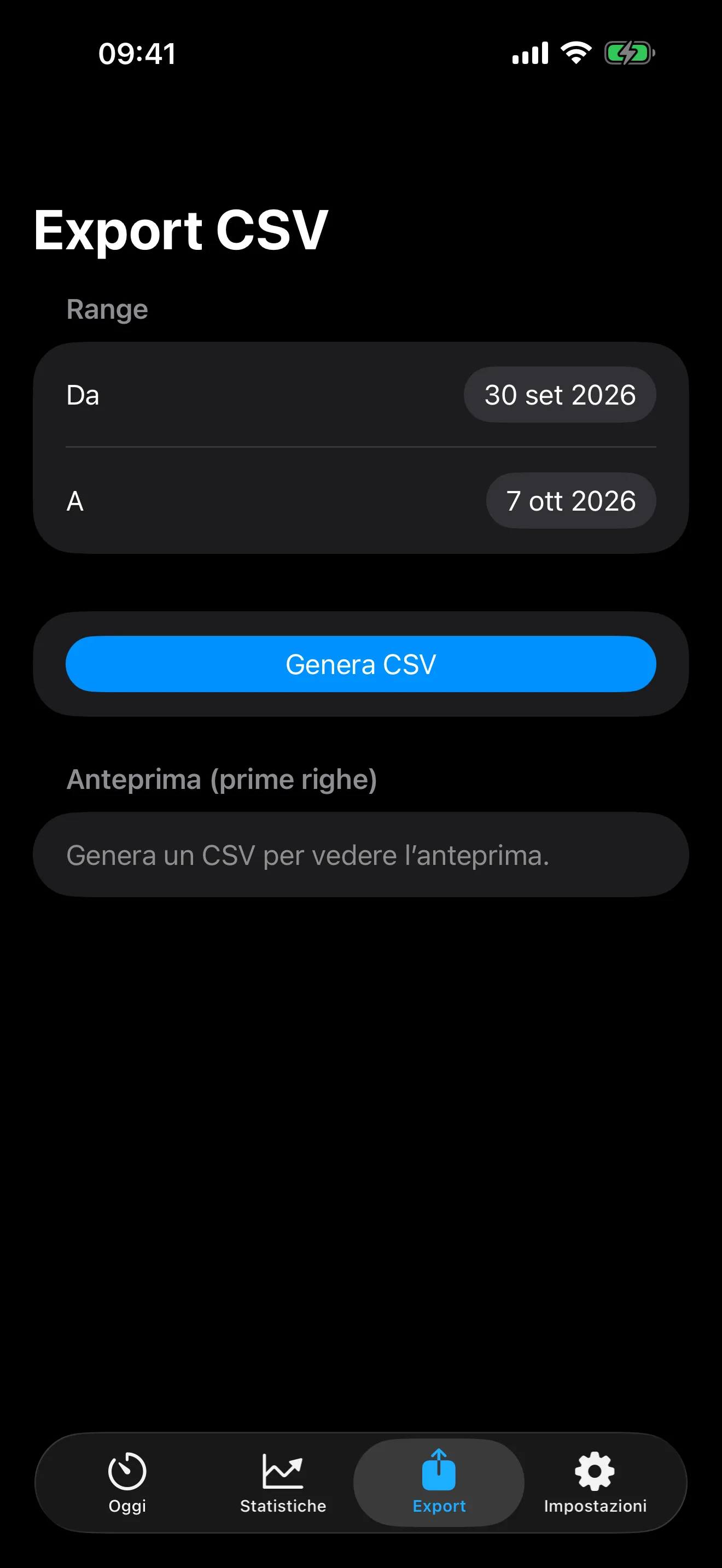 Schermata Export: scelta delle date per esportare le sessioni in CSV