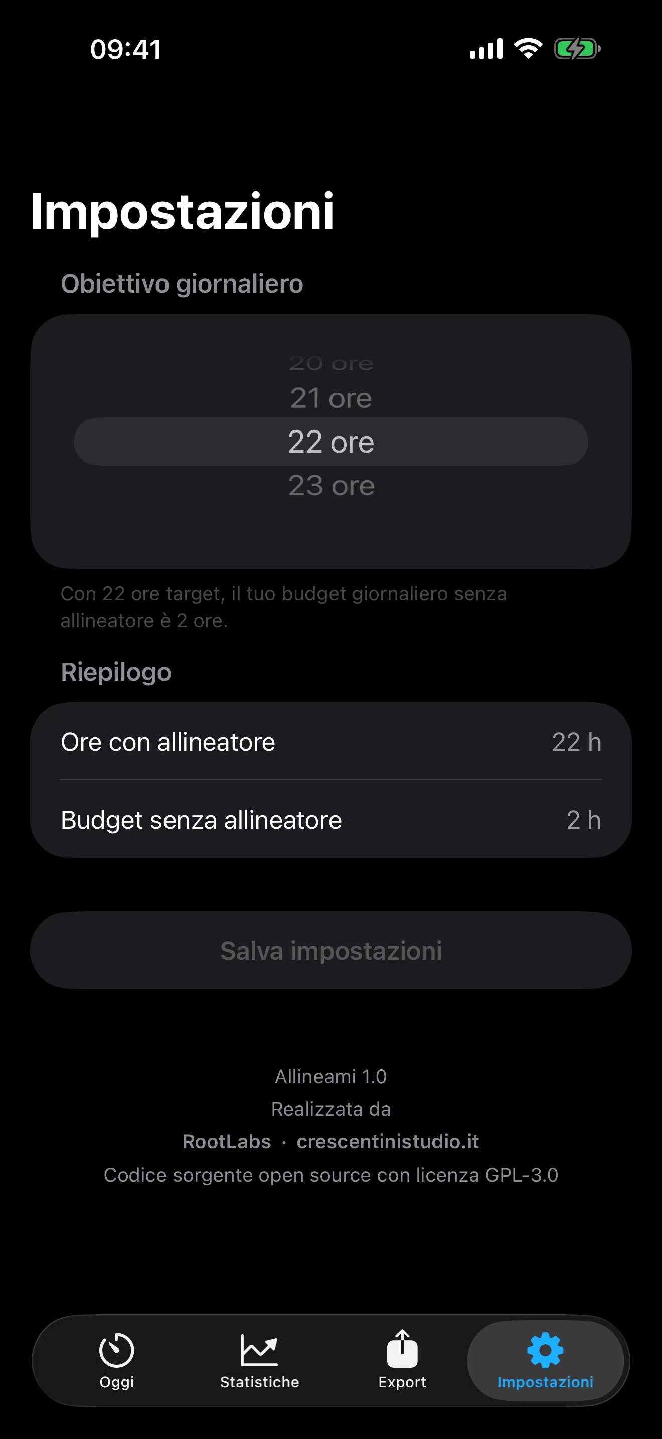 Schermata Impostazioni: ore al giorno da portare